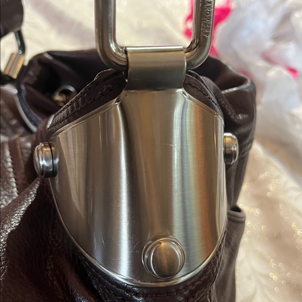 B. Makowsky Dark Brown Slouchy Brown Leather HoBo Shoulder Bag Metallic Details - Picture 15 of 17